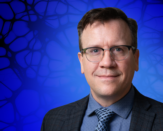 Doug Weber headshot in front of a background of brain neurons