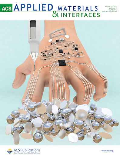 Cover of ACS Applied Materials & Interfaces showing a human hand with an electronic sticker of circuitry
