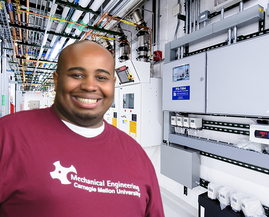 Photo of Alexander Kwakye in a Carnegie Mellon University Mechanical Engineering tee shirt added to a background of one of the Nanofab facilities