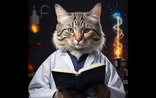 This image, created with an AI image generator, depicts a cat in a lab gown reading a book, representing the text-based catalyst system prediction model named CatBERTa. The cat symbolizes the catalyst, while the book highlights its text-based characteristics.