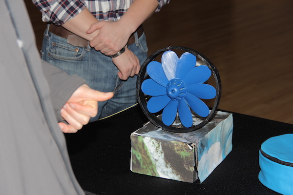 A close up view of the students' portable hydroelectric device.